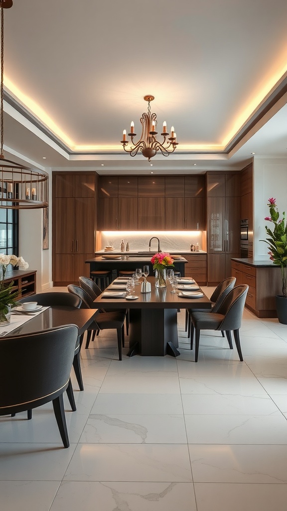 Modern luxury kitchen with an integrated dining area featuring elegant furniture and lighting.