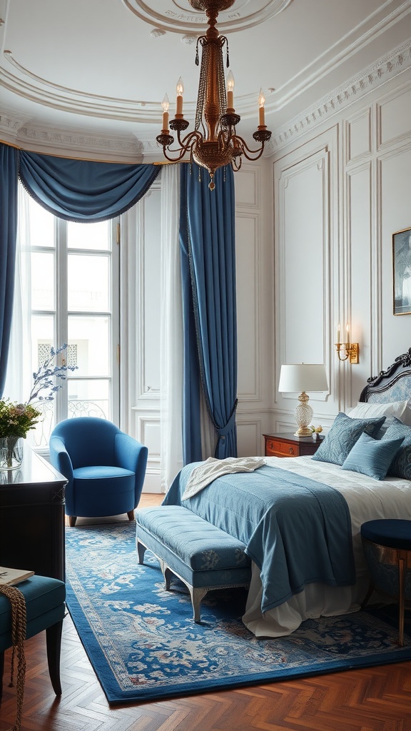 A luxurious bedroom featuring elegant blue tones, classic decor, and sophisticated details.