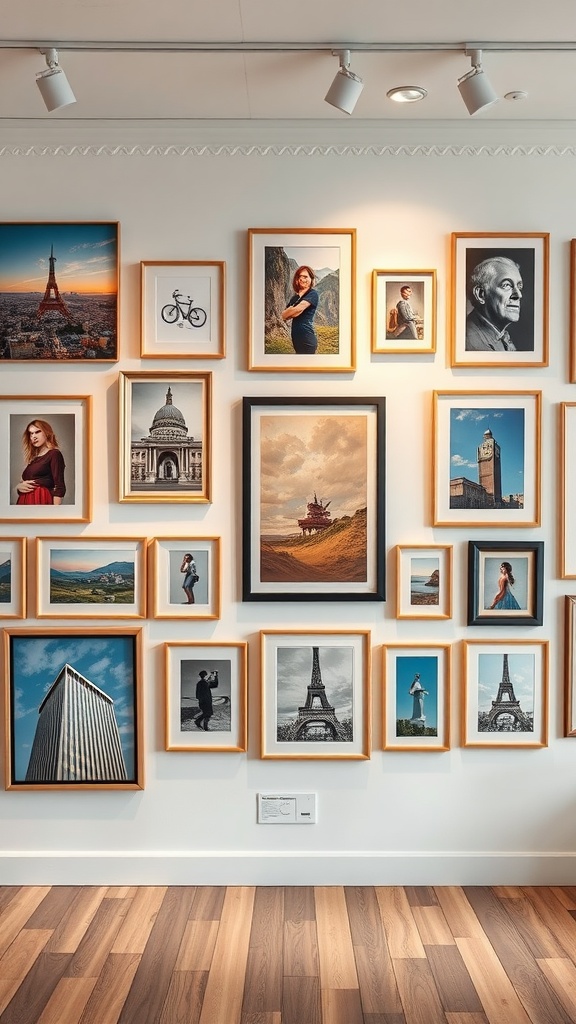 A modern gallery wall featuring various framed photographs and artwork in a cozy entryway setting.