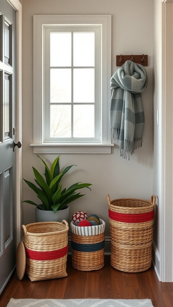 Cozy entryway with woven storage baskets, a plant, and a scarf hanging on a hook near a window