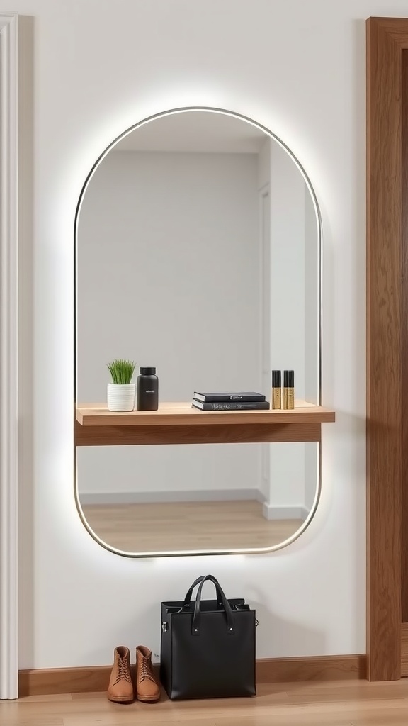 Modern cozy entryway with a functional mirror featuring shelves