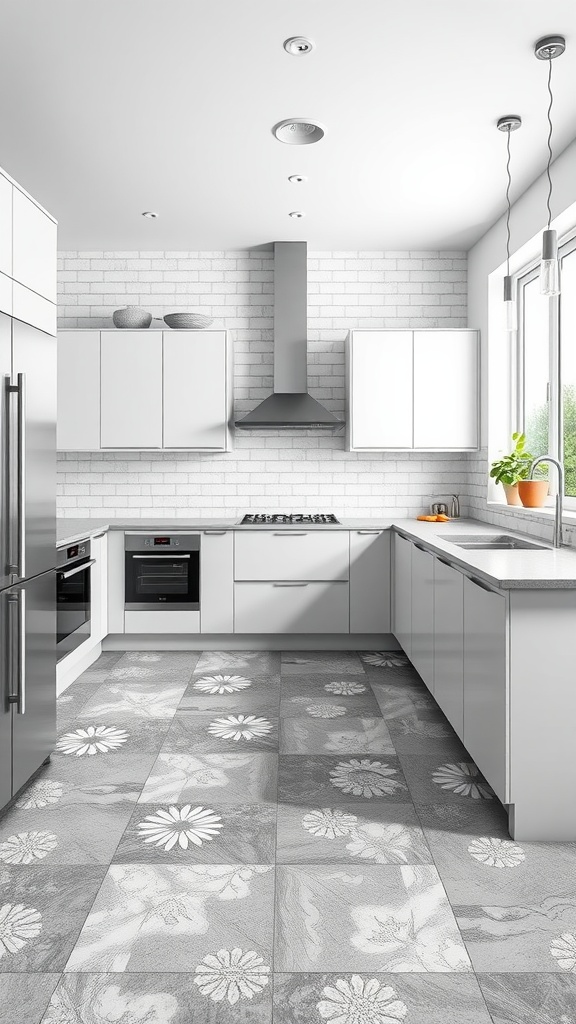 Modern kitchen with floral patterned tile floors and sleek subway tile walls.