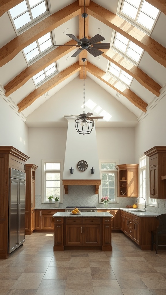 A modern kitchen with high ceilings, wooden beams, and elegant lighting