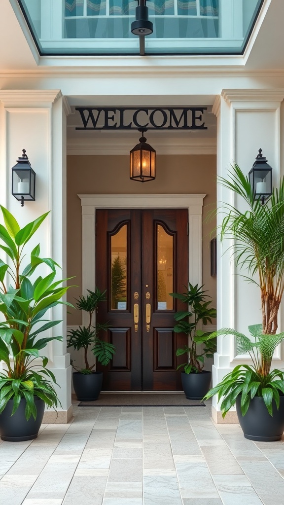 A welcoming entryway featuring potted plants beside double doors with a 'Welcome' sign above.