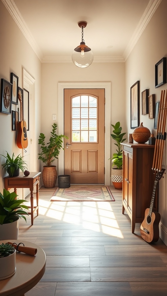 A modern and cozy entryway with plants, a guitar, and a mirror.