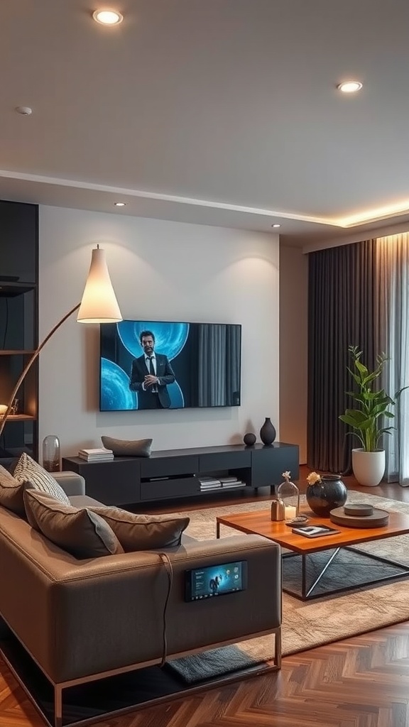 Modern living room with a television and stylish decor featuring plants and lighting