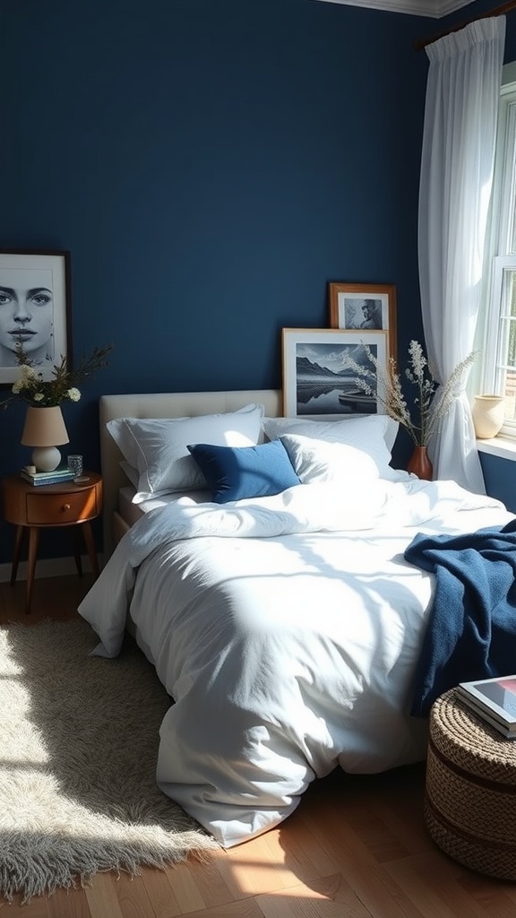 A cozy bedroom with indigo walls, white bedding, and warm wooden furniture, featuring natural light and framed artwork.