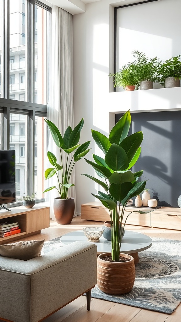 A modern living room filled with various indoor plants, featuring a cozy seating area and wooden flooring.