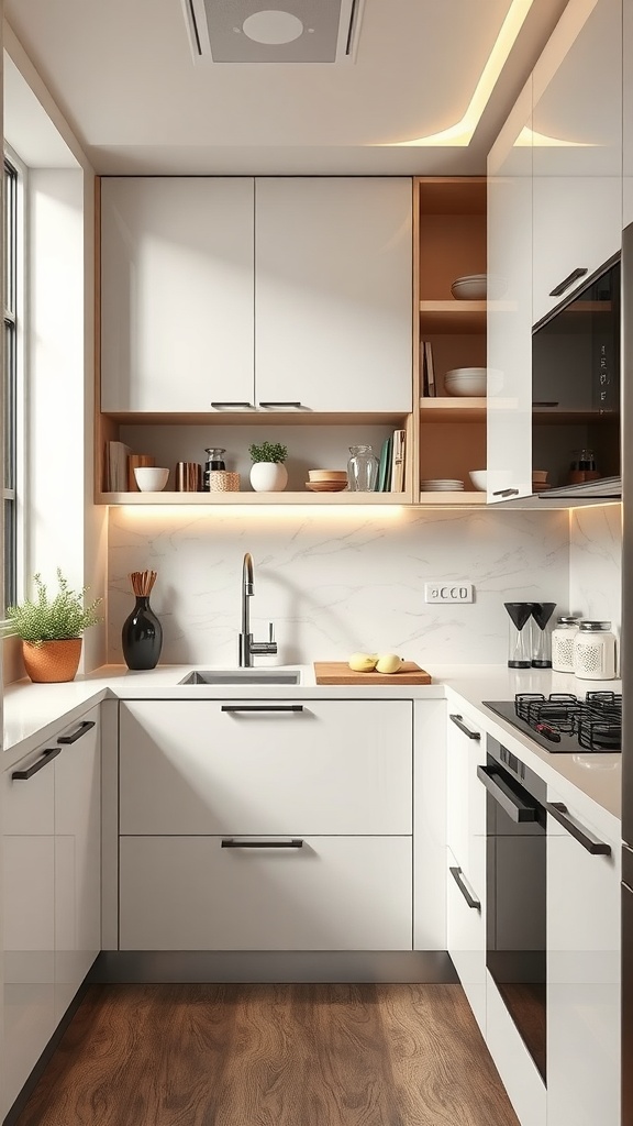 A modern kitchen with sleek cabinetry, open shelving, and organized storage solutions