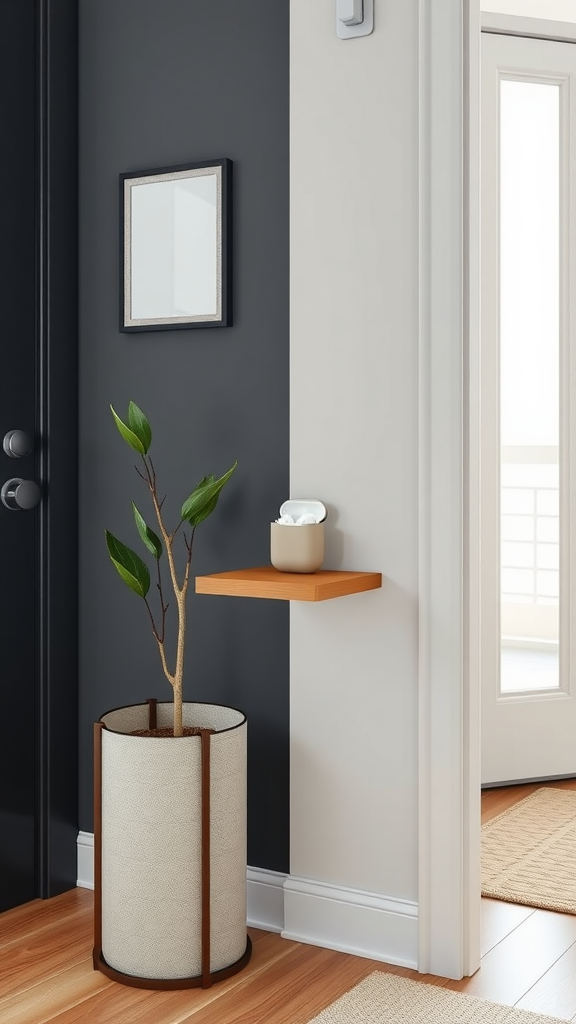 Modern entryway with integrated technology charging station, cozy wooden paneling, and a mirror.