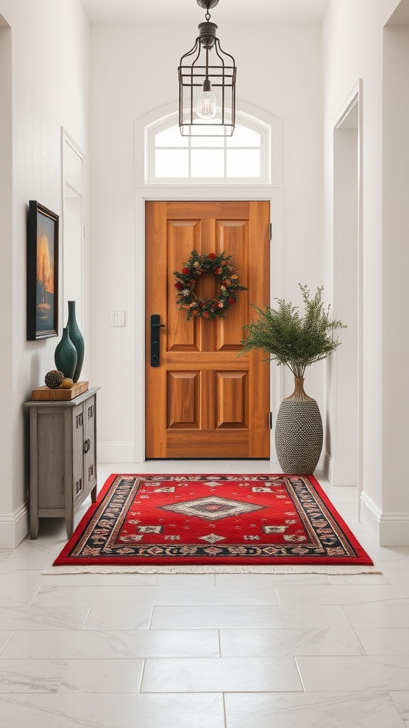 An inviting entryway with a red layered rug, modern decor, and a cozy atmosphere.