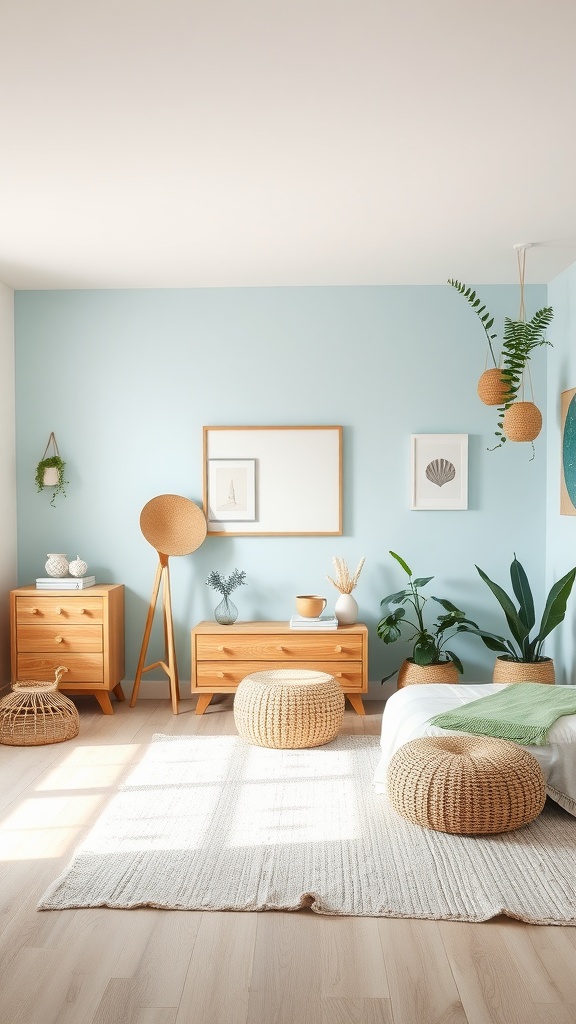 A cozy bedroom with light blue walls and natural wood furniture, featuring plants and stylish decor.