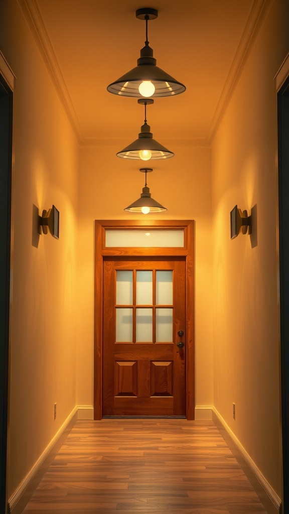 Modern entryway with cozy lighting fixtures hanging above a wooden door.