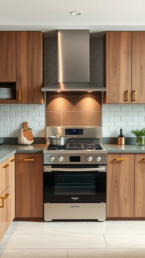 A modern luxury kitchen featuring sleek cabinets and a professional-grade stove.