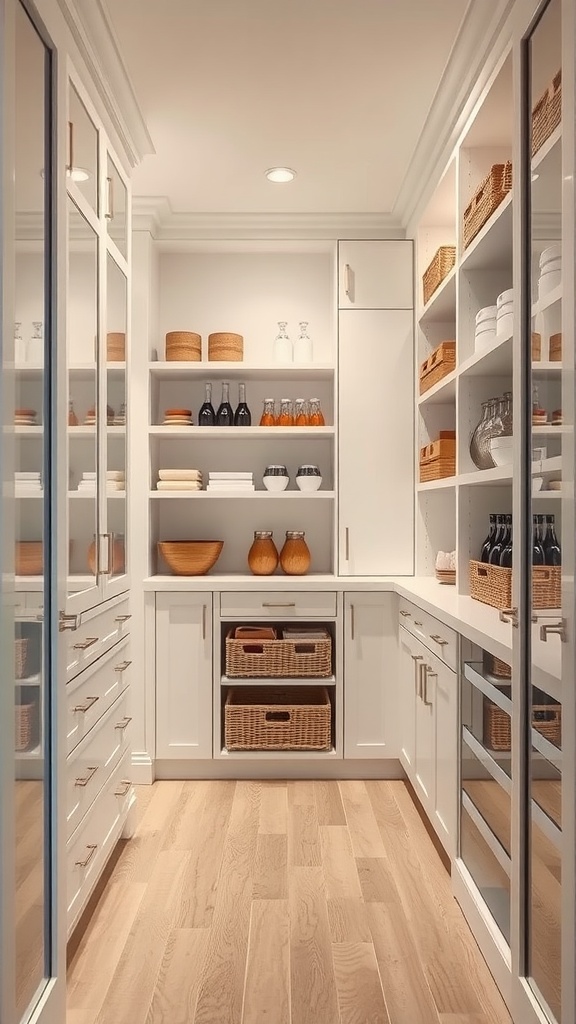 A modern pantry featuring organized shelves with glass jars, baskets, and wooden containers.