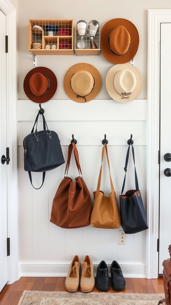 Wall-mounted hooks with hats and bags in a modern entryway