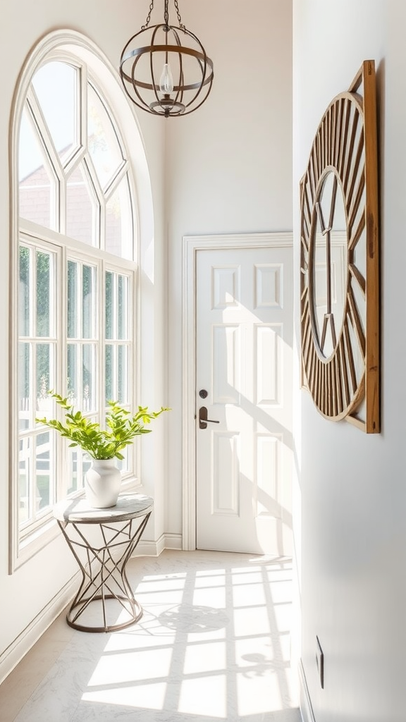 Cozy modern entryway with an arched mirror, inviting light reflection, and stylish decor