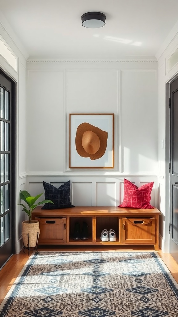 Cozy entryway with a multi-functional bench, two pillows, and a plant.