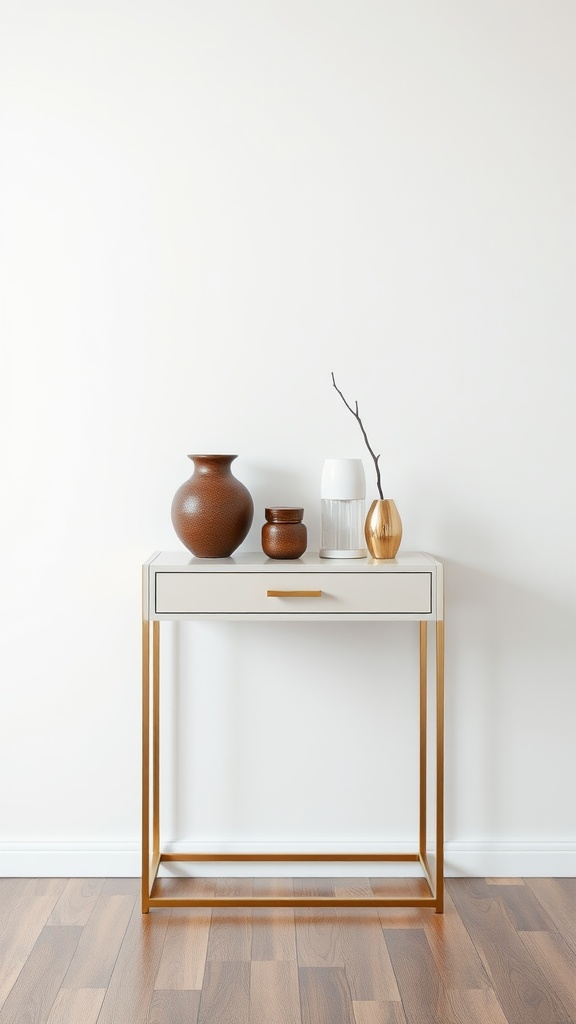 Modern narrow console table with drawer, decorated with vases, set against a white wall.