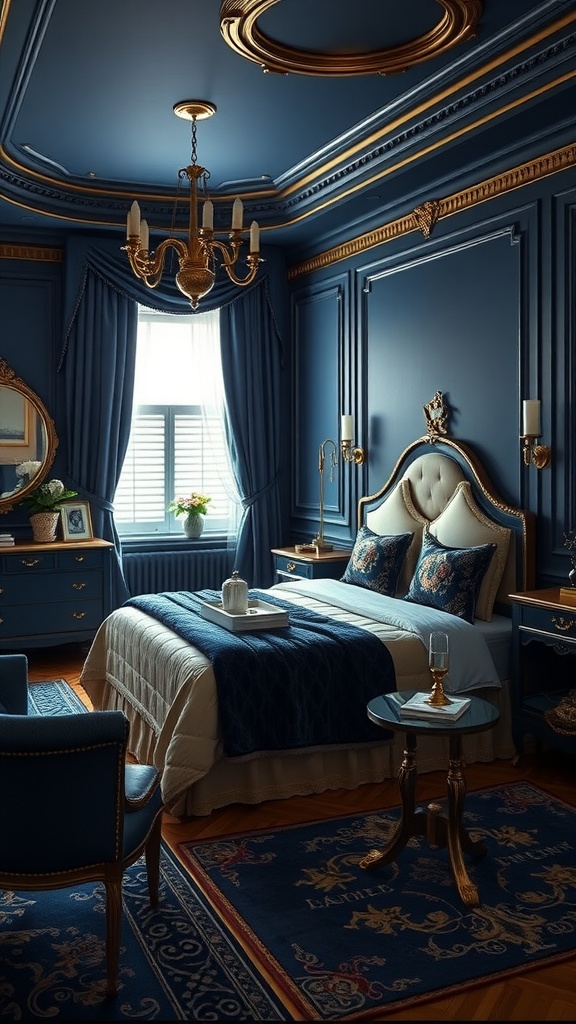 A luxurious navy blue and gold bedroom featuring ornate furnishings, a chandelier, and rich textiles.