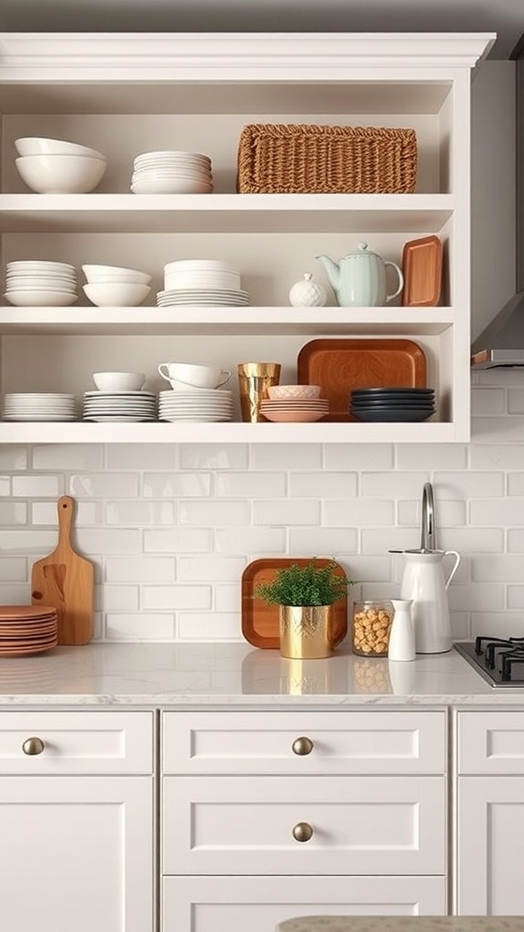 A modern kitchen with open shelving displaying various dishes and decorative items.