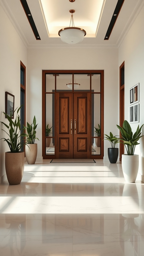 A modern and cozy entryway featuring large wooden doors, potted plants, and a well-lit minimalist design.