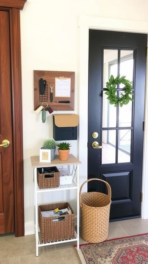 A modern entryway showcasing a cozy organized mail and key station with a white console table, shelf for mail, and hooks for keys.