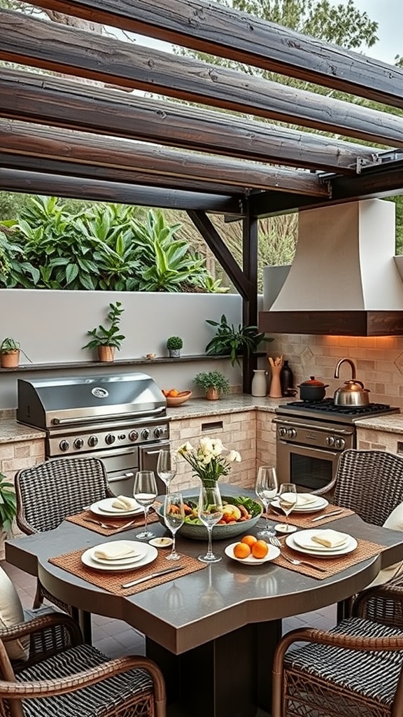 An elegant outdoor kitchen setup with a grill and dining area.