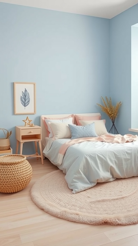 A cozy bedroom featuring pastel blue walls, a neatly made bed with pastel accents, and natural decor elements.