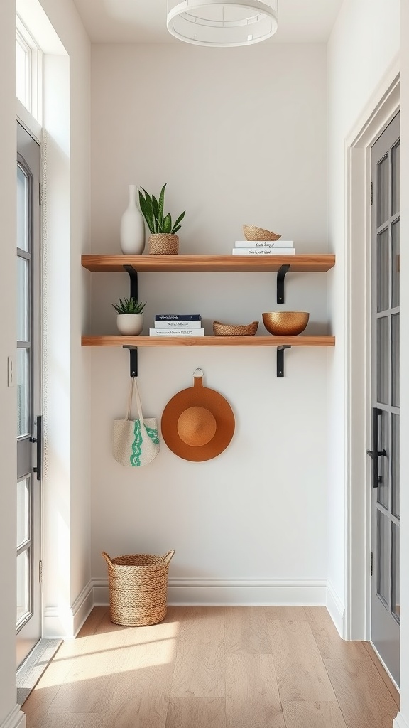 Cozy entryway with practical floating shelves displaying plants and decorative items, featuring hooks for bags and hats.