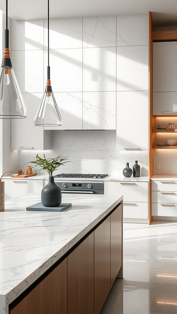 A modern kitchen featuring quartz countertops with striking veining.