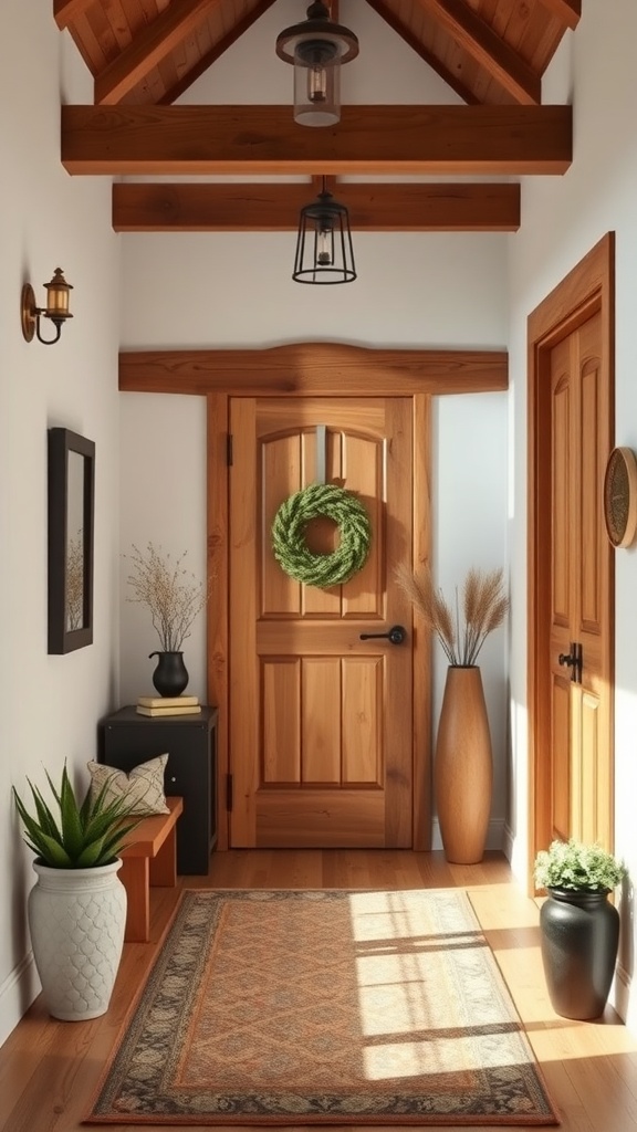 A rustic entryway featuring wooden accents, a cozy bench, plants, and a festive wreath