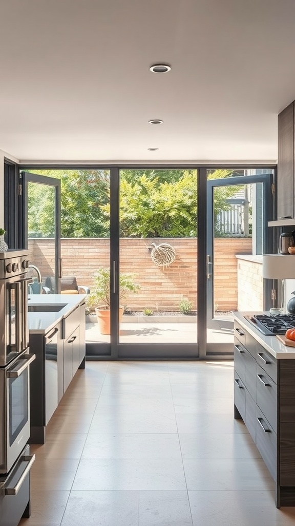 A modern kitchen with large glass doors opening to a landscaped outdoor area.