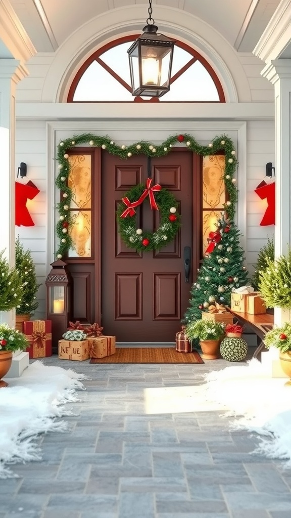 A cozy holiday entryway with a decorated door, wreath, trees, and presents.