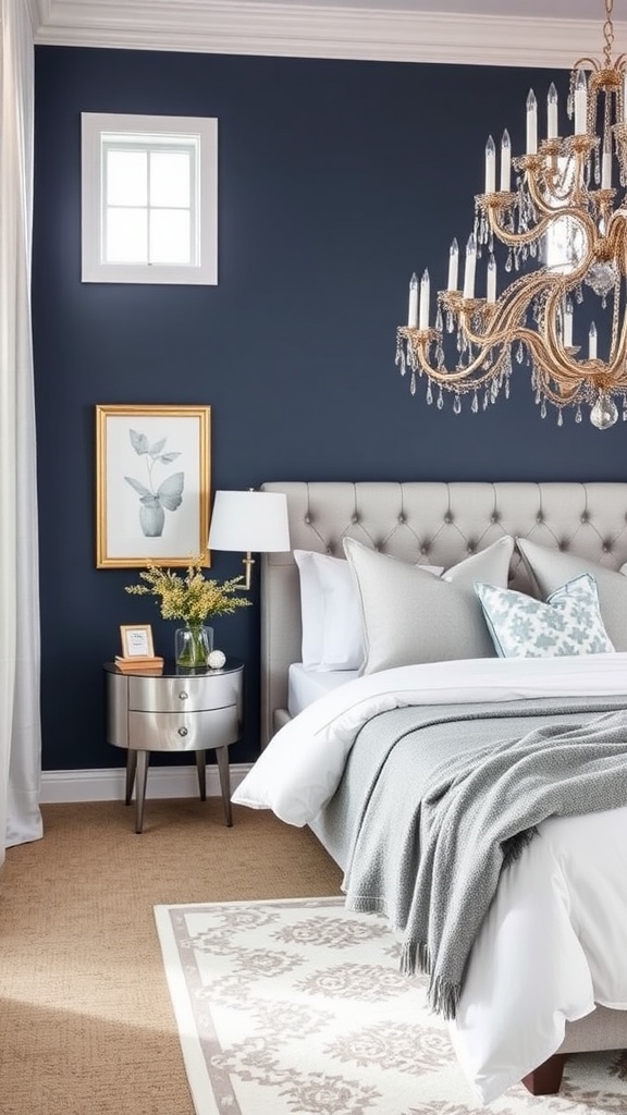 A bedroom featuring a navy wall, silver bedding, and a green plant, creating a serene atmosphere.