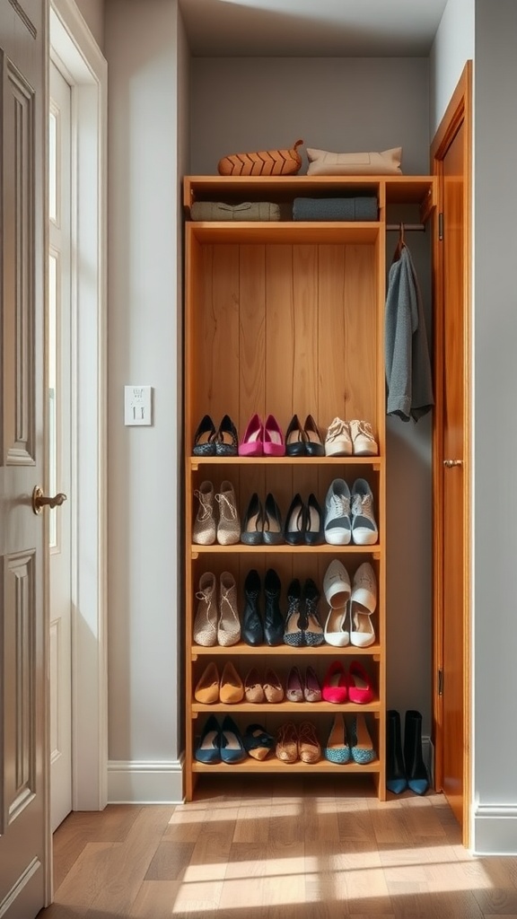 Cozy modern shoe storage solution with wooden shelves displaying various shoes, in an entryway near a door.