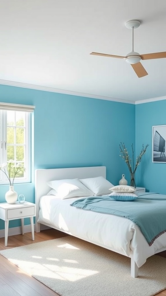A minimalist bedroom featuring sky blue walls, white furniture, and soft decor.