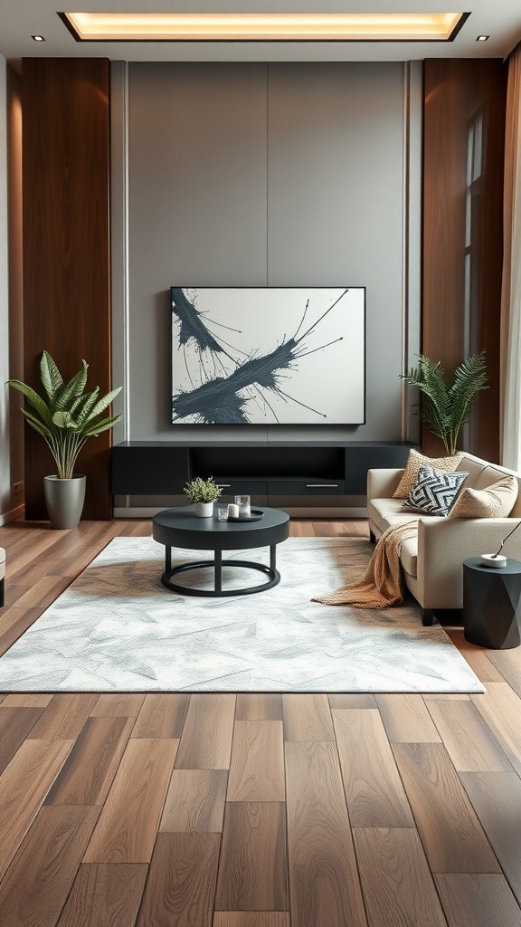 A modern living room with a sleek design, featuring geometric patterns and stylish furniture.