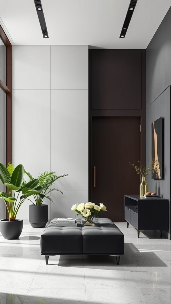 Modern entryway with a black ottoman, plants, and minimalistic decor.