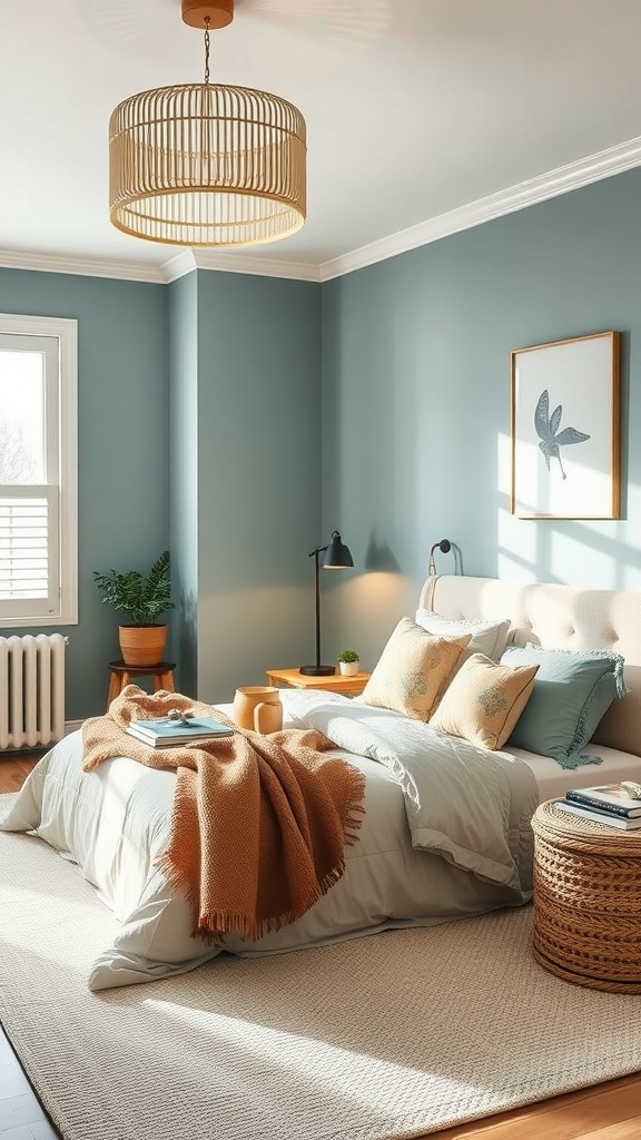A serene bedroom featuring soft teal walls, a cozy bed with layered blankets, and warm lighting