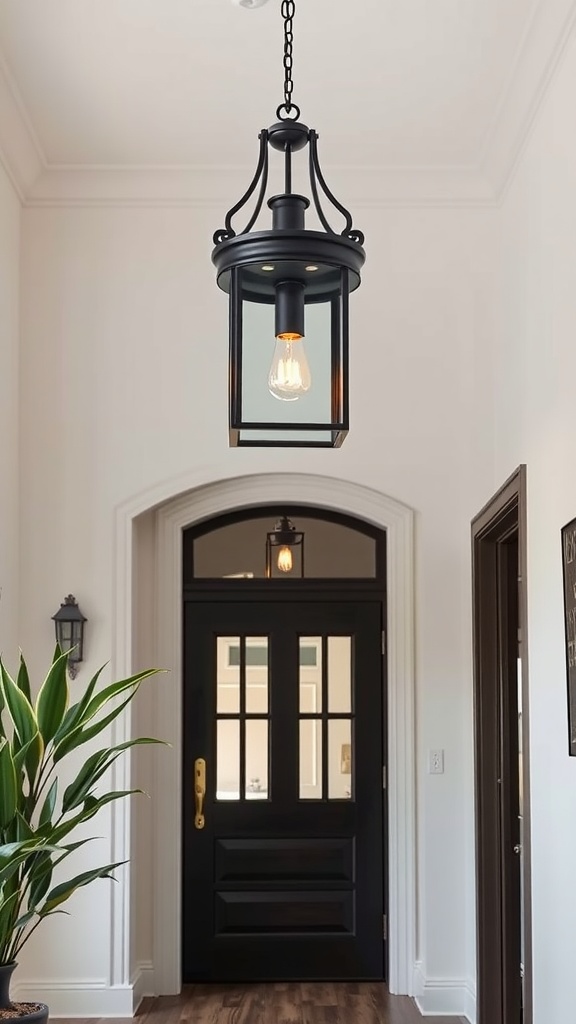 A cozy entryway featuring a modern lantern-style pendant light above a black front door.