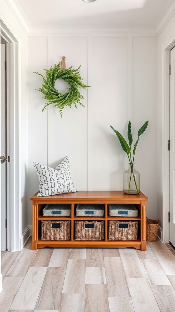 Stylish wooden bench with storage baskets, cozy pillow, potted plant, and a wreath on the wall in a modern entryway.