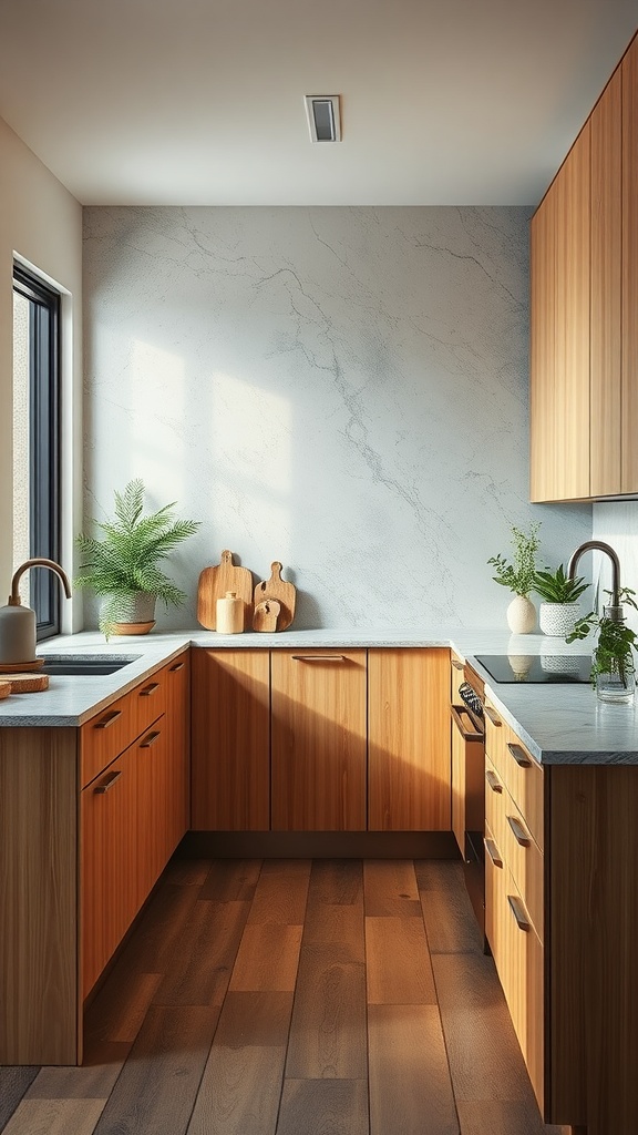 A modern kitchen featuring sustainable wooden cabinets and natural light.