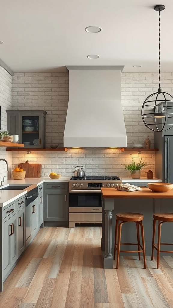 A modern kitchen featuring textured wall treatments with a brick backsplash and stylish cabinetry.