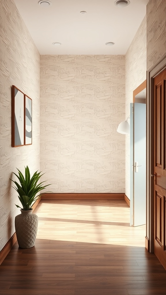 Cozy entryway with textured wallpaper, natural light, and a plant.