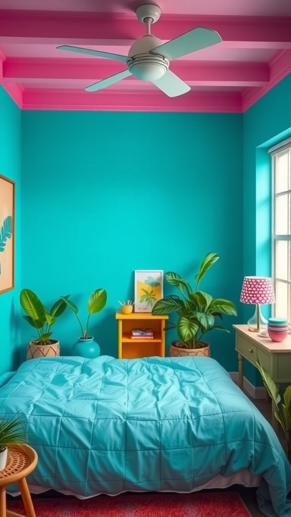 A vibrant turquoise bedroom with pink ceiling, plants, and colorful decor.