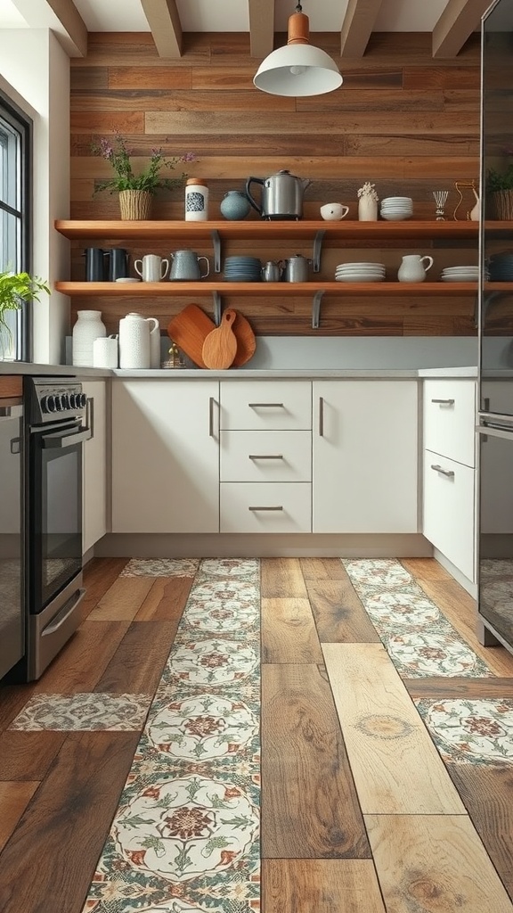 Modern kitchen with wooden and patterned tile flooring.