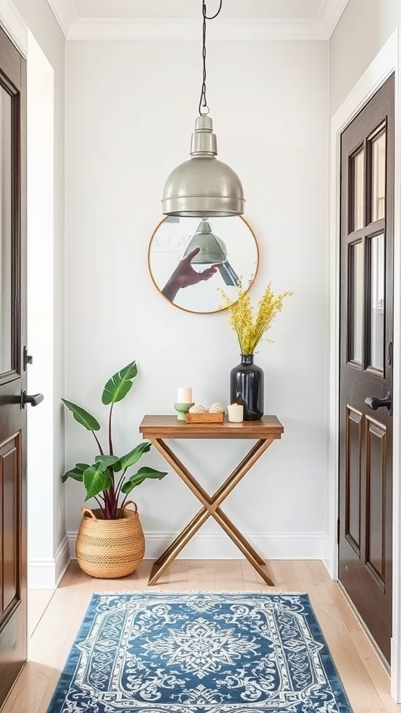 Cozy modern entryway with a small table, plants, and a mirror in the corner