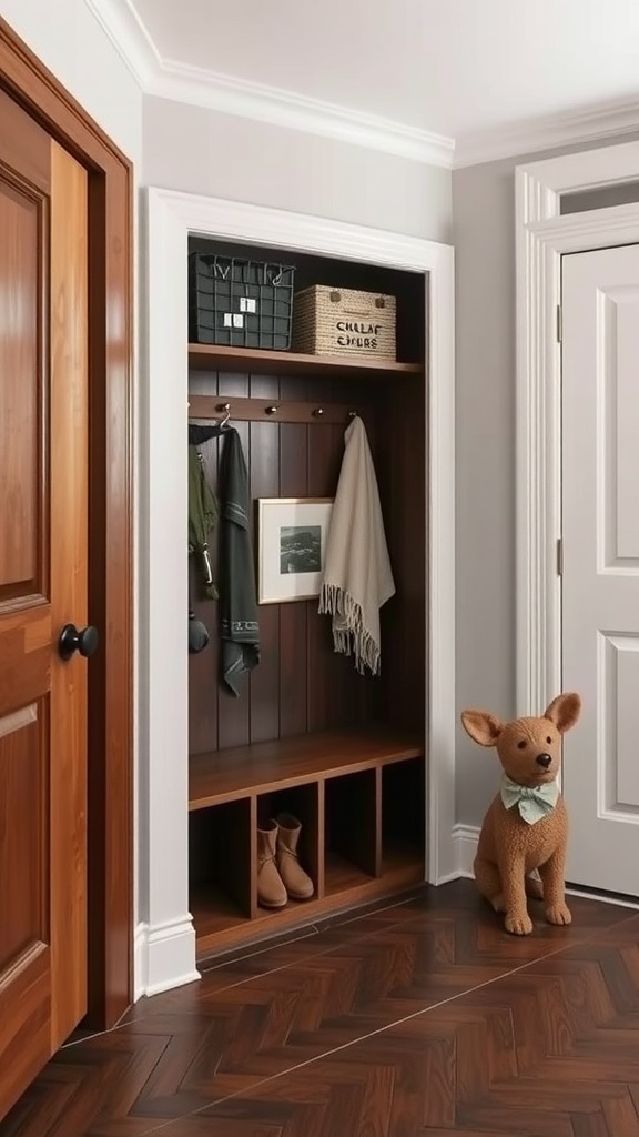 Cozy entryway with hidden storage featuring bins, hooks, and shoe cubbies.