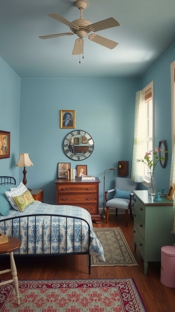 A vintage-inspired blue bedroom featuring an iron bed, antique furniture, and soft blue walls.
